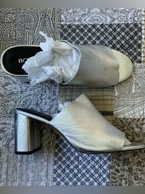 BCBG Silver Metallic Open-Toe Mules